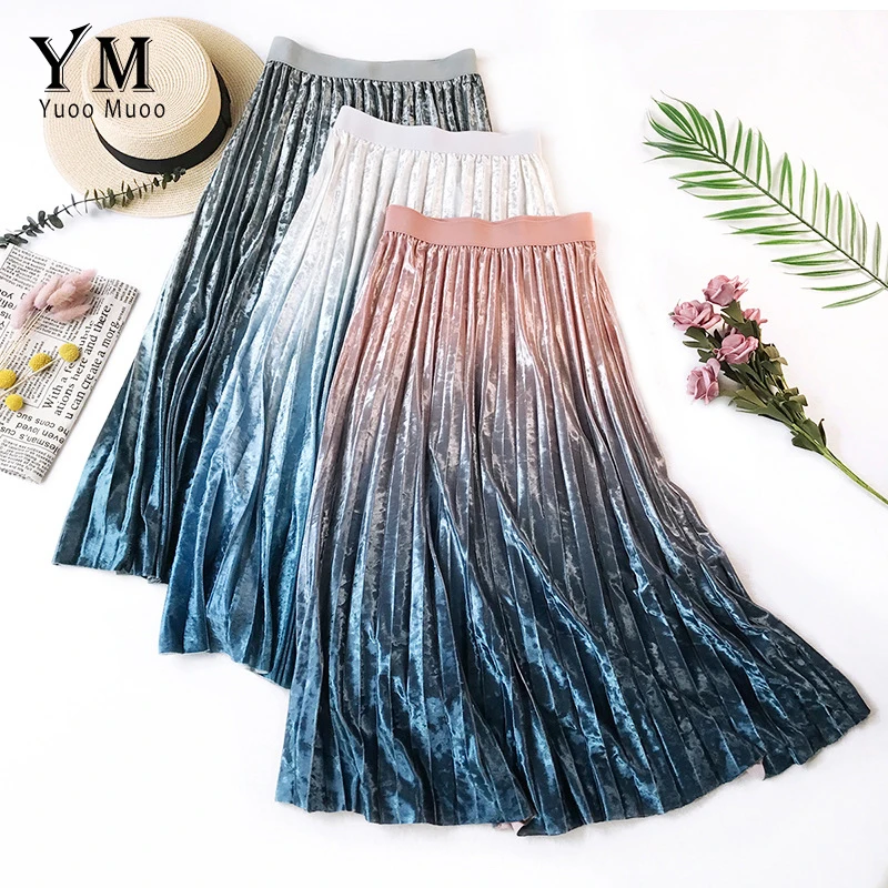 

YuooMuoo Shinny Gradient Velvet Pleated Midi Skirt 2019 Good Quality Comfy High Waist A Line Skirt Autumn Ladies Skirts