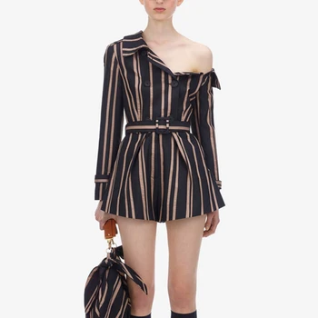 

Self Portrait Designer Jumpsuit Women 2019 Sexy One-shoulder Long Sleeve Striped Chiffon Playsuits Female