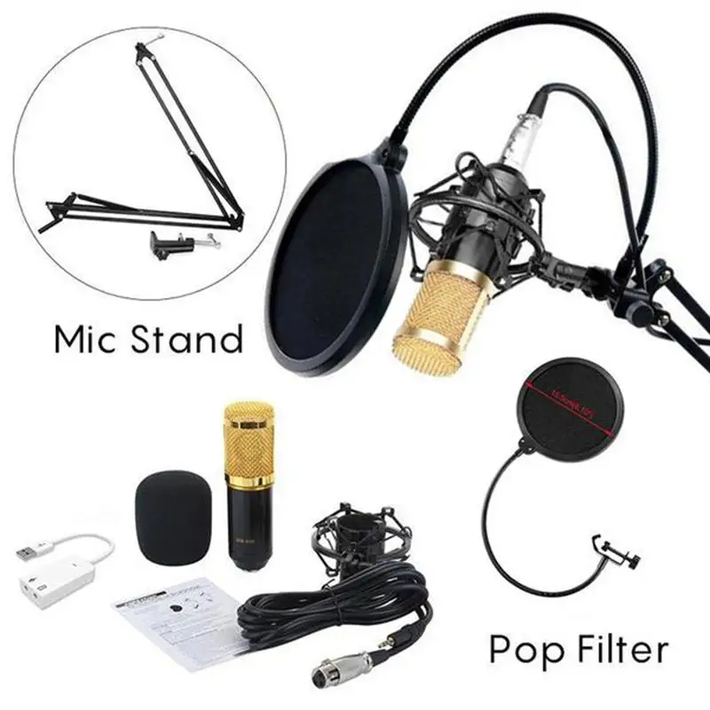 BM-800 Professional Studio Broadcasting Recording Condenser Microphone with Mental Mount Phone Stand Filter and Sound Black Gold |