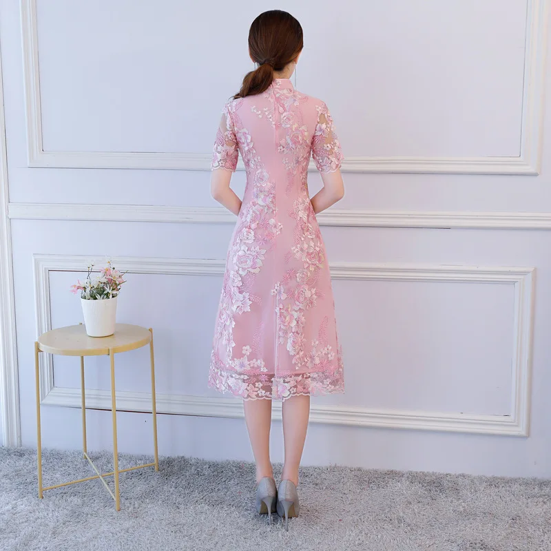 Spring New Style Short Sleeve Embroidery Fashion Improved Lace Cheongsam Double Layer Medium Length Dress Women's