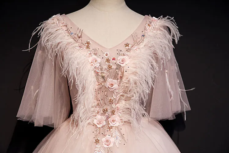 pink feather butterfly sleeve embroidery beading tutu short ball gown dress stage performance/fairy short cosplay dress
