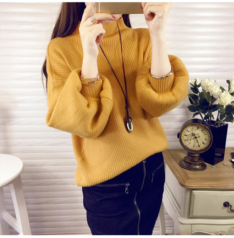 2019 Autumn Winter Women Knitted Turtleneck Thick Sweater Casual Puff Sleeve Loose Red Jumper Sweater Femme Elasticity Pullovers 2019 Autumn Winter Women Knitted Turtleneck Thick Sweater Casual Puff Sleeve Loose Red Jumper Sweater Femme Elasticity Pullovers