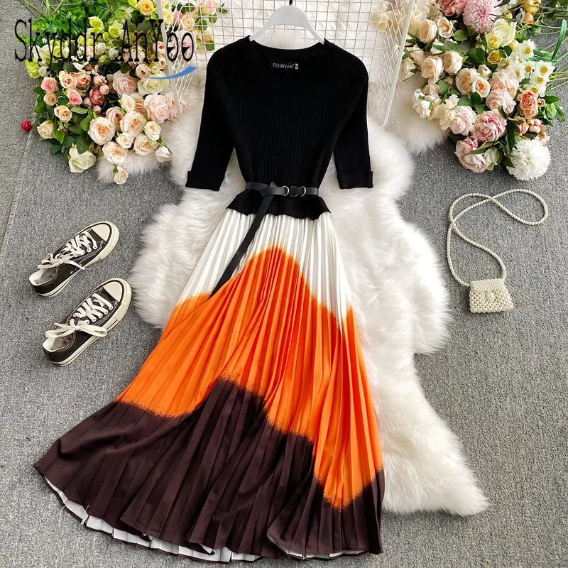 

2020 New Fashion Autumn Woman Long Dress Knitted Patchwork O-Neck Slim Elasticity vestidos de fiesta Elegant Women's Party Dress