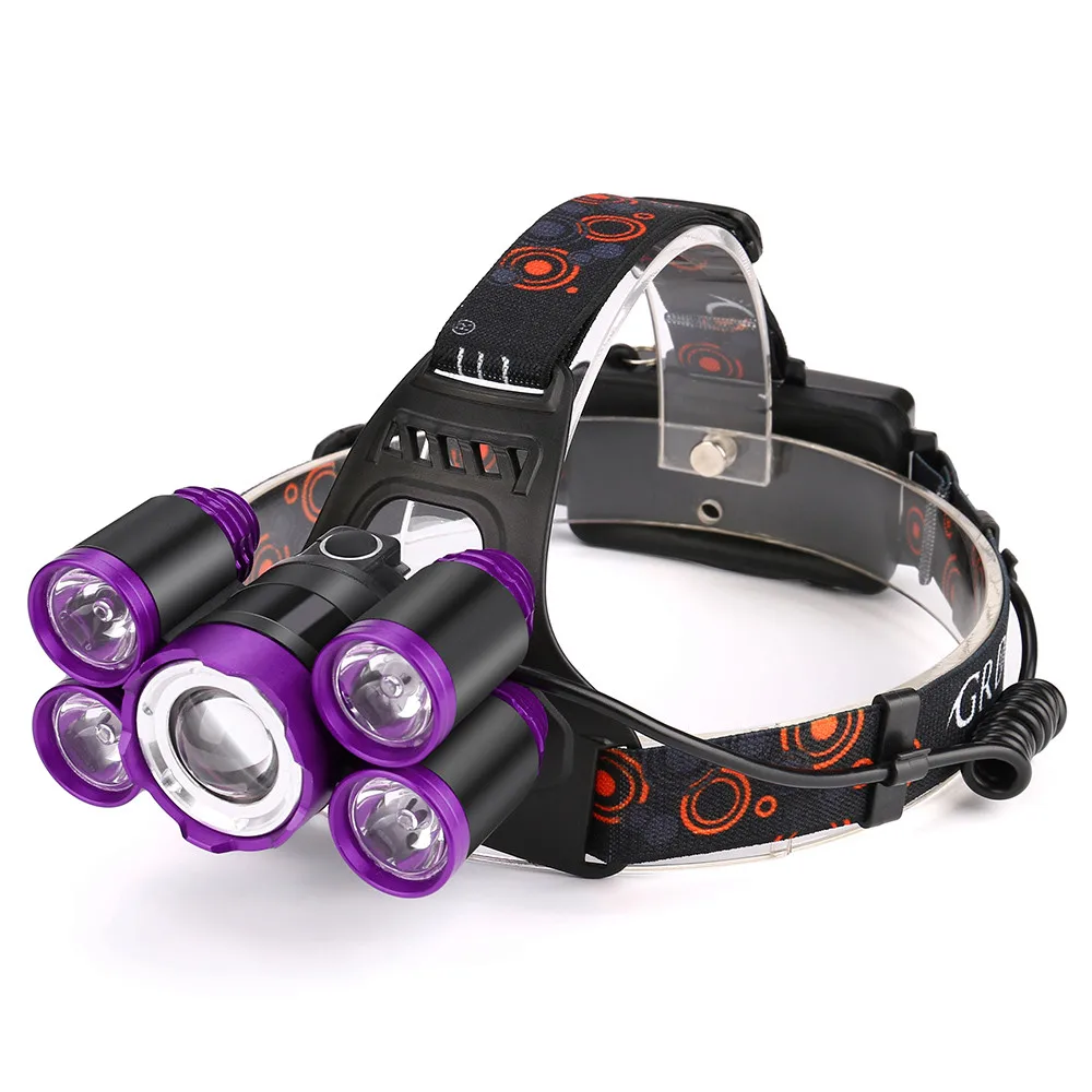 Purple 35000лм налобный фонарь 5x CREE XM-L T6 светодиодный налобный светильник вспышка светильник налобный светильник 18650 перезаряжаемый аккумулятор AC Зарядка на открытом воздухе кемпинг - Испускаемый цвет: Purple