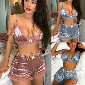 

Meihuida 2020 Womens V-Neck Sexy Lingerie Babydoll Sleepwear Lace Velvet Bra Cropped Top Shorts 2PCS Pajama Set