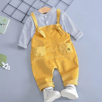

Spring& Autumn New Boy Long-Sleeved Suit Casual Children's Striped Long-Sleeved T-Shirt + Suspenders 2 Sets Of Male Baby