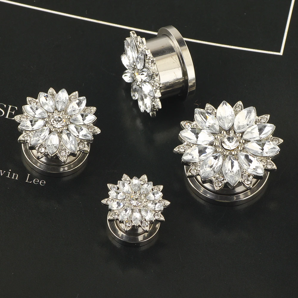 JunlowPY Surgical Steel Ear Gauges Double Flared Crystal Ear Tunnels and Plugs Earrings Stretcher Rose Gold Screw Gauges kit