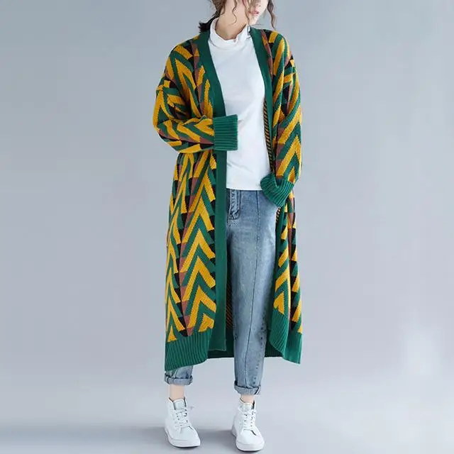 Green Cardigan Свитер, кардиган размера плюс, женский полосатый Повседневный корейский вязаный свитер, женские длинные кардиганы, топы, осенне-зимняя одежда - Цвет: Green Cardigan
