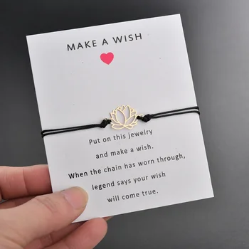 

New Make Wish Card Adjustable Bracelet Gold Color Lotus Flower Pendant Romantic 7Style Rope Chain Bracelet Women