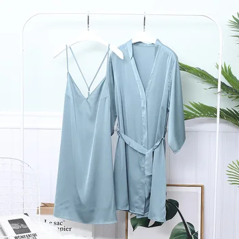 

2PCS Sleep Set Satin Silky Nightwear Nighty&Robe Suit Lady Kimono Robe Gown Intimate Lingerie Casual Spaghetti Strap Nightdress