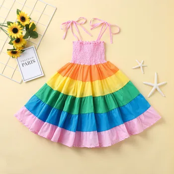 

New Baby Girl Dress Clothes Toddler Kids Girls Princess Clothes Rainbow Color Block Colorful Sling Party Dresses Vestido Infant