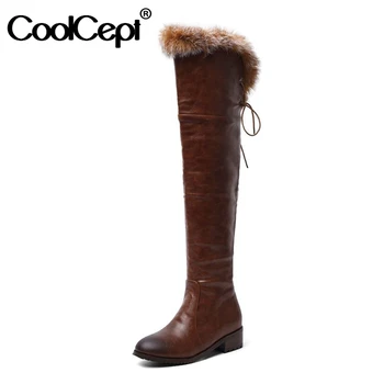 

CoolCept Plus Size 34-43 Winter Shoes Warm Fur Women Long Boots Round Toe Flats Over Knee Boots Retro Sexy Botas Mujer Footwear
