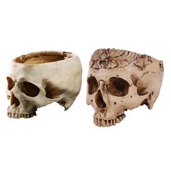 

2 Pieces Resin Skull Model Flower Bonsai Plant Pot Planter Home Office Decor