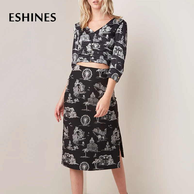 ESHINES High Street Zwart Patroon Geborduurde Midi Rok Zomer Elegante Hoge Taille Split Rok ESHINES High Street Zwart Patroon Geborduurde Midi Rok Zomer Elegante Hoge Taille Split Rok