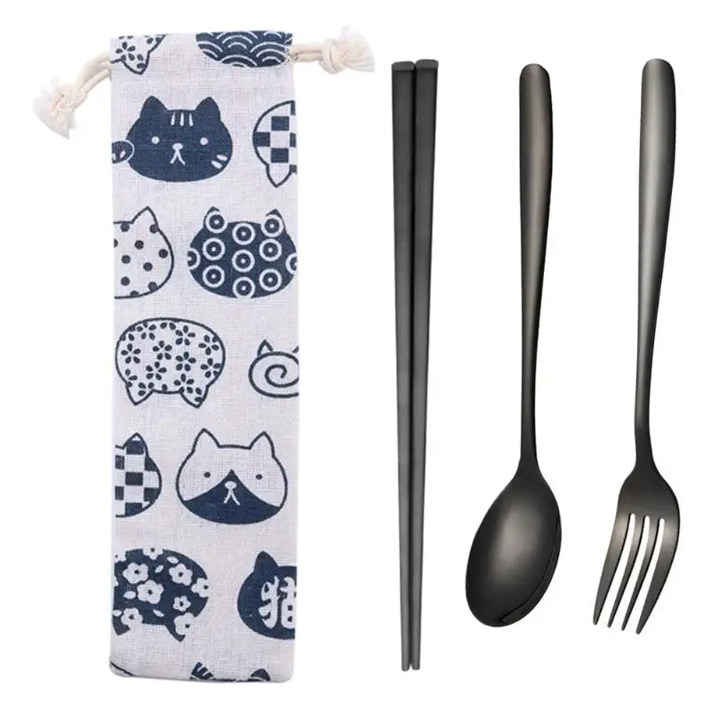 5pcs Portable Stainless Steel Chopsticks Spoon Fork Knife Dinnerware Set for Pupils Outdoor Travel Cutlery Tableware Sets - Цвет: Black 1