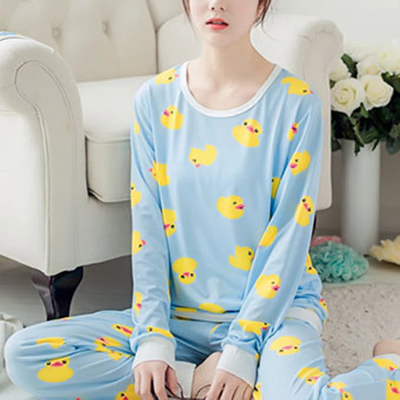 Женский пижамный комплект, мягкая осенне-зимняя одежда для сна с длинными рукавами, милая желтая утка, пижамный комплект для девочек, пижама