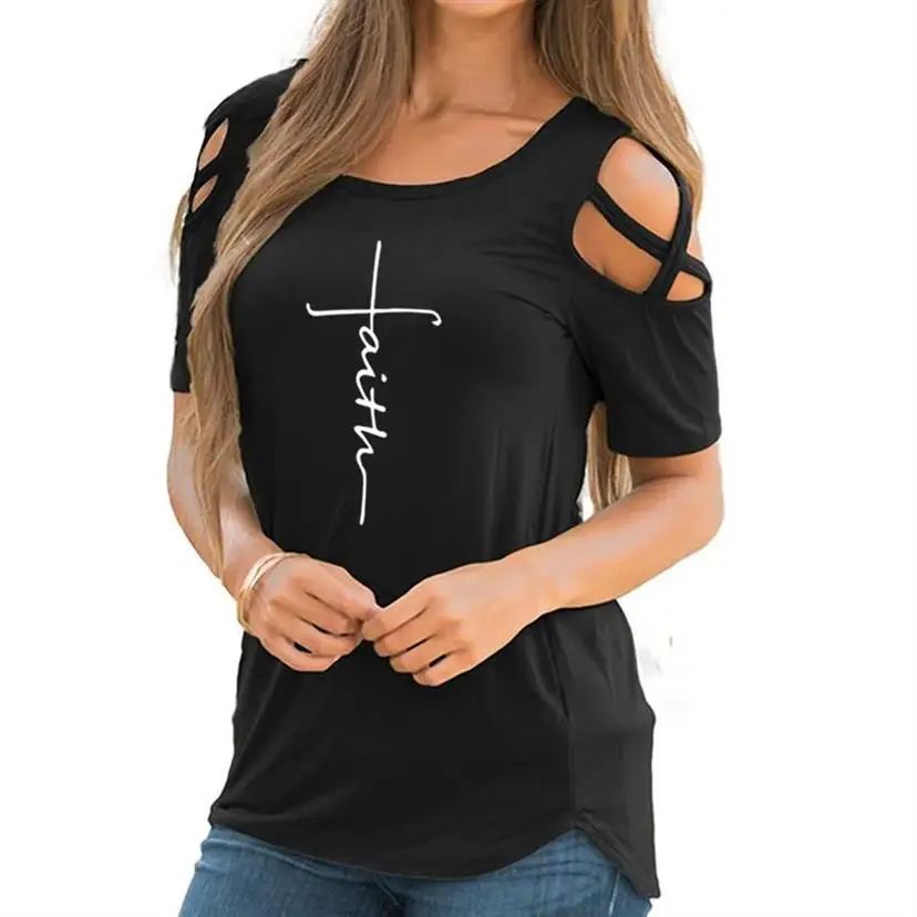 

New Arrival Faith Letters Print Bandage Off Shoulder T-Shirt For Women T-Shirt Women Tops Plus Size tops