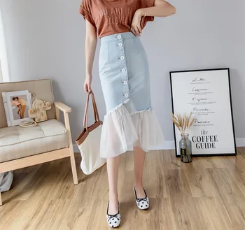

Woman Fashion 2020 Package Hip Denim Skirts Tulle Skirt Single Breasted Patchwork Mesh Skirt A Type Womens Clothing Saia Midi
