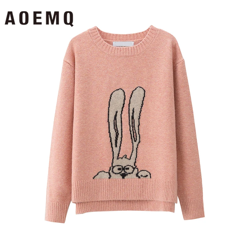 

AOEMQ Casual Sweaters 4 Colors Cartoon Rabbit Print Cute Long Ear Rabbit Embroidery Sweaters Pullovers Winter Women Clothing