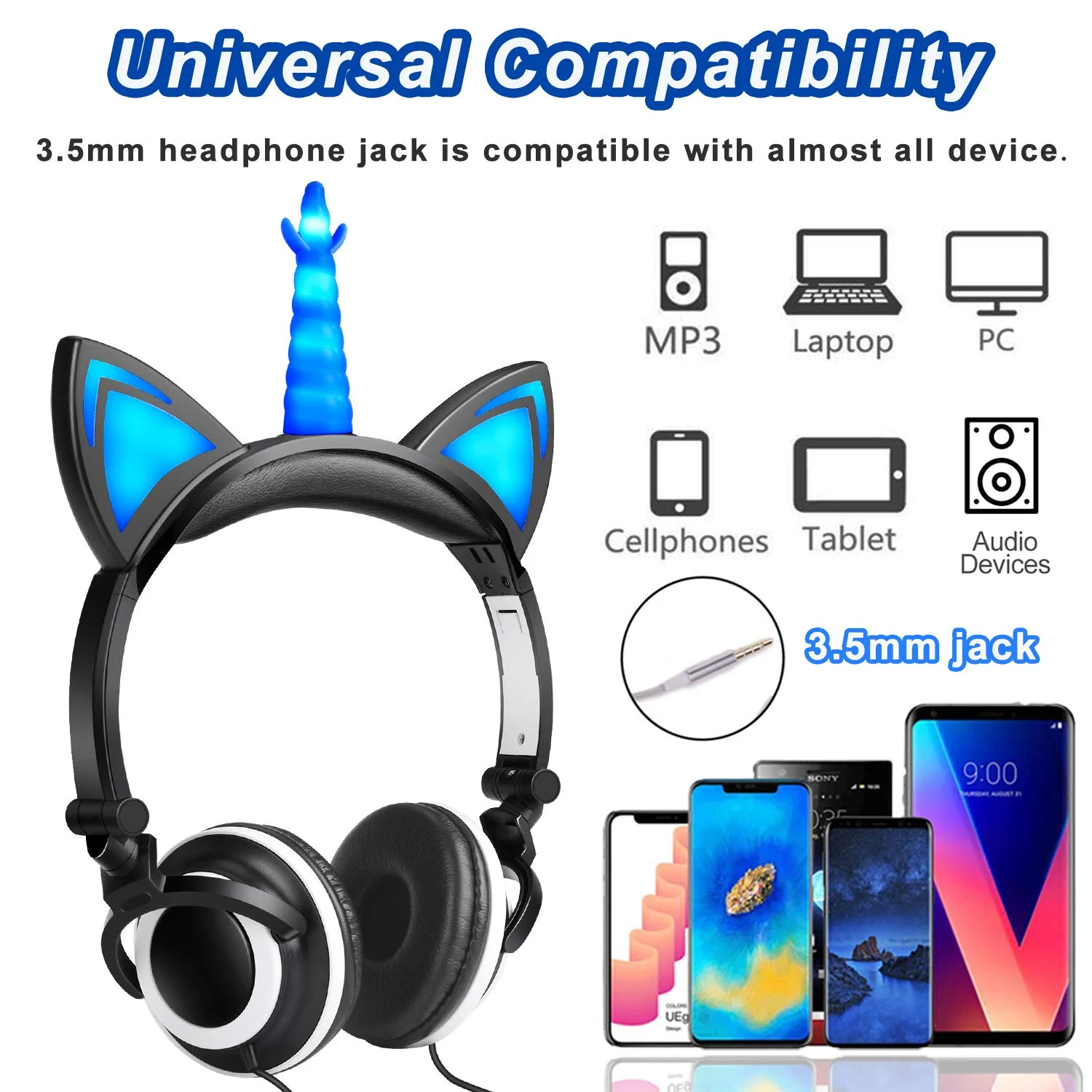 Glowing Unicorn Cat Ear LED Light Up Wired Adjustable Foldable On Over Ear Headphones for Game Travel School Birthday Gift Girls