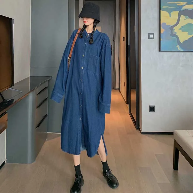 

Korean Elegant Dress Woman One-Piece Long Sleeve Single-Breasted Denim Dresses 2020 Spring Autumn Women Loose Dress Long Dresses