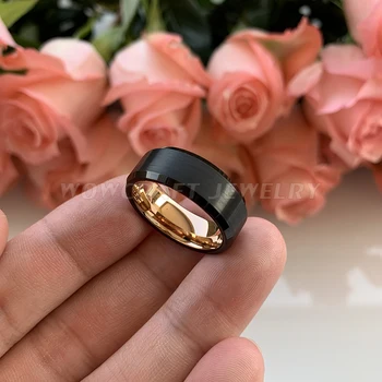 

8mm Mens Womens Rose Gold Black Wedding Ring Tungsten Carbide Anniversary Engagement Bands Matte Finish Beveled Edges