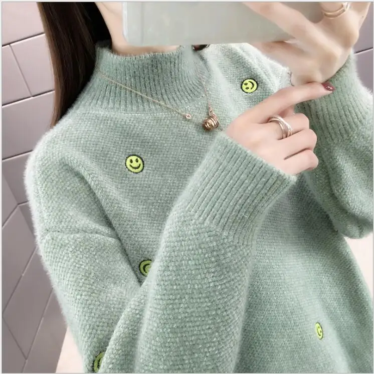 Женский Kawaii колледж свободный свитер с вышивкой со смайликом женский корейский Толстый милый свободный Harajuku одежда для женщин F108