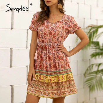 

Simplee Casual floral print women dress Boho v neck high waist tassel summer dress Short sleeve strap holiday beach party dress