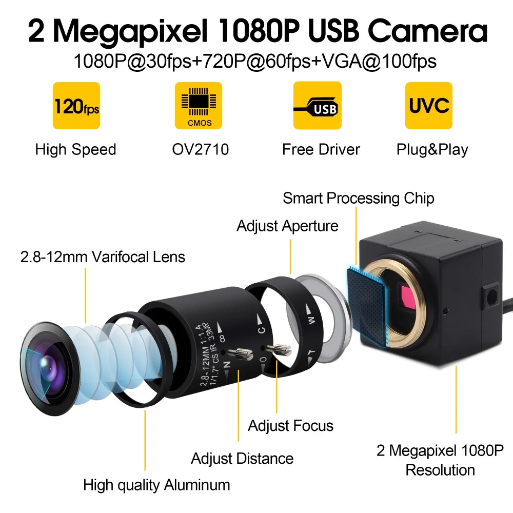 Full HD 1080P USB веб-камера 2,8-12 мм варифокус CS Объектив CMOS OV2710 MJPEG 30fps/60fps/120fps USB камера для компьютера ПК Ноутбуки