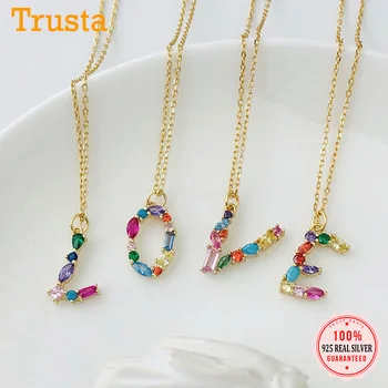 

Trustdavis Real 925 Sterling Silver Sweet Gold 26 Letter Colour CZ Pendant Necklace For Women Wedding Fine Jewelry Gift DS45