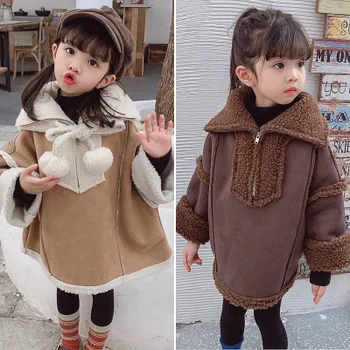 

New Korean version 3-7 children's winter lamb quilted warm jacket cute boys and girls baby plus velvet thick hooded cotton coat