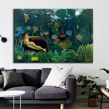 

Dream by Surrealist Artist Henri Rousseau Canvas Print Painting Naked Woman Tropical Rain Forests Natural Animal Home Decor Art