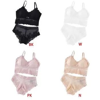 

Women Sexy Floral Lace Splicing Underwear Set Spaghetti Straps V-Neck Backless Bralette Erotic Sheer Mesh Panties Thong Lingerie