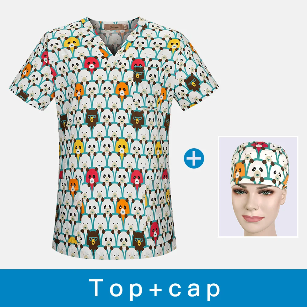 V-neck Breathable Dental clinic scrubs tops cartoon printing Pet doctor uniforms hospital nursing scrubs tops medical workwear