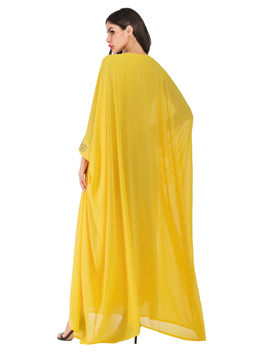 Шифоновое двухслойное платье в этническом стиле, расшитое бисером, с рукавами «летучая мышь», Абая для мусульман, Дубай, арабский Рамадан, Марокканское платье VKDR1750