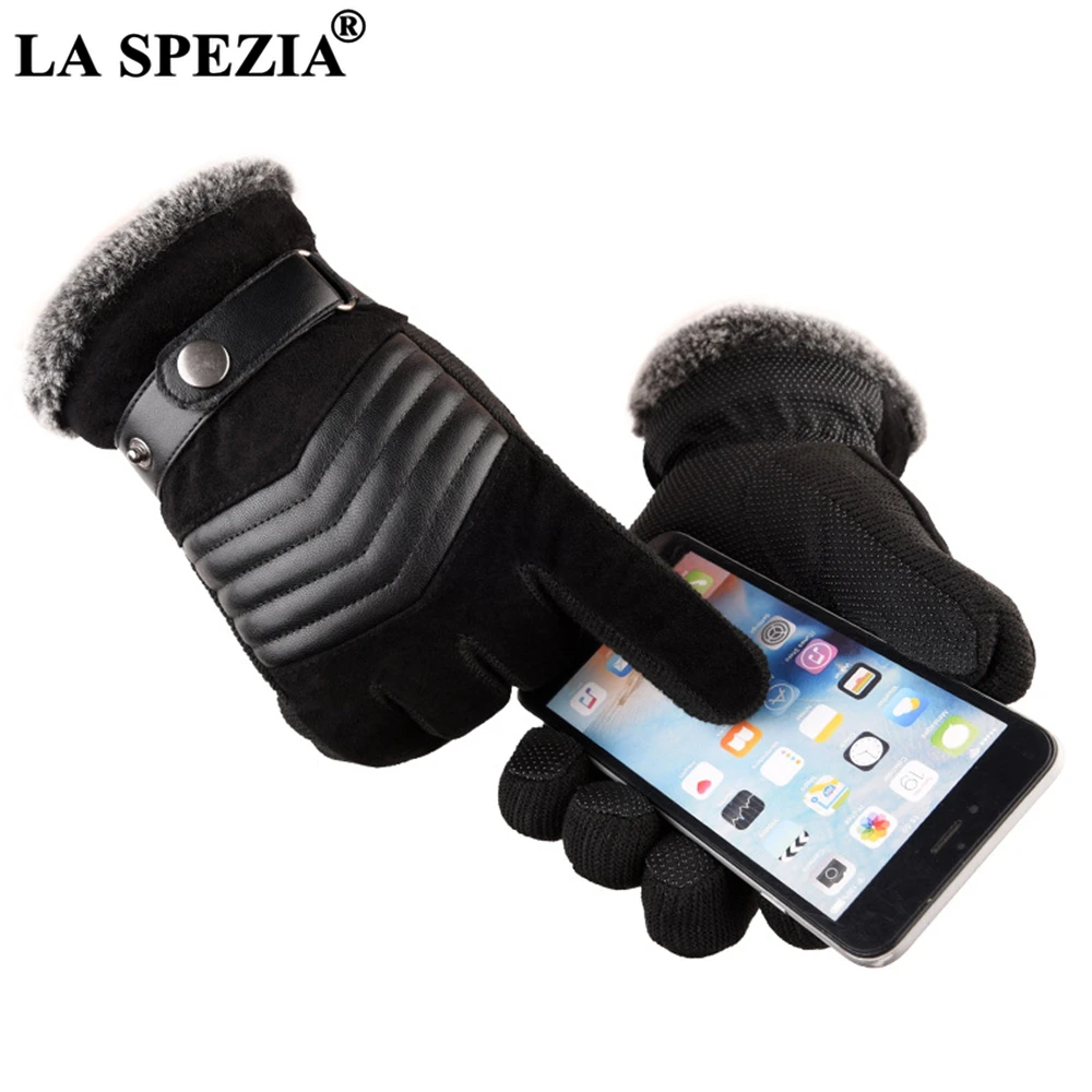 LA SPEZIA Brown Mens Leather Gloves Real Pigskin Russia Winter Gloves Warm Thick Driving Skiing Men's Guantes Luvas