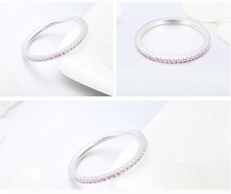 SILVERHOO 925 Sterling Silver Pink Crystal Wedding Female Rings for Women Simple Geometric Ring Sterling Silver Jewelry
