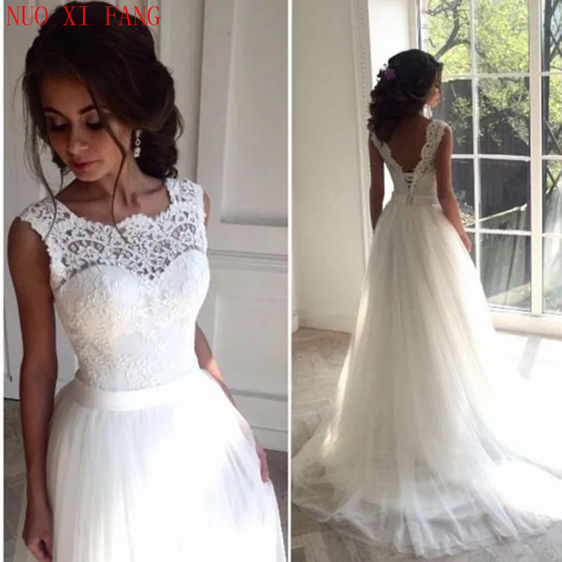 2022 New cheap Wedding Dresses Lace O-Neck Lace Tulle Boho Summer Beach Bridal Gown Bohemian Wedding Gowns robe de mariage