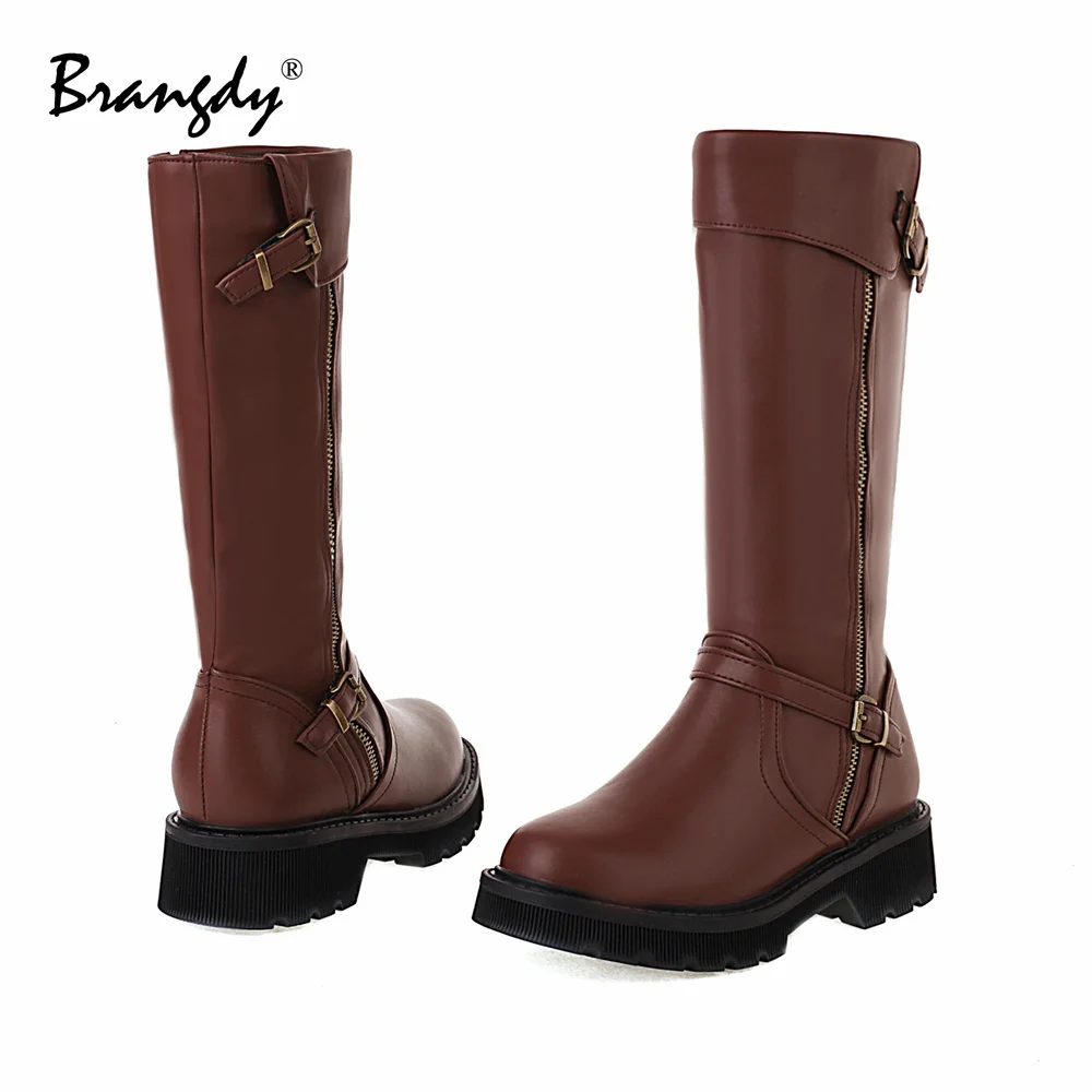 Brangdy Women Knee Hight Boots PU Leather Wedges Metal Decoration Women Shoes Round Toe Zipper Women Winter Brock Boots With Fur