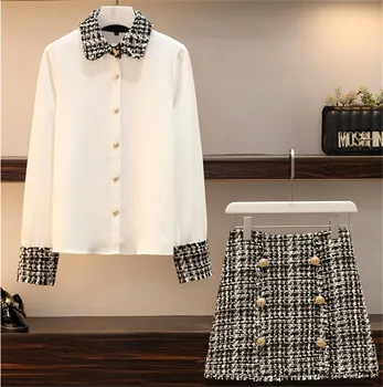 

CBAFU L-4XL plus size tweed 2 piece set long sleeve patchwork chiffon blouse double breasted runway skirt suit women suit P512