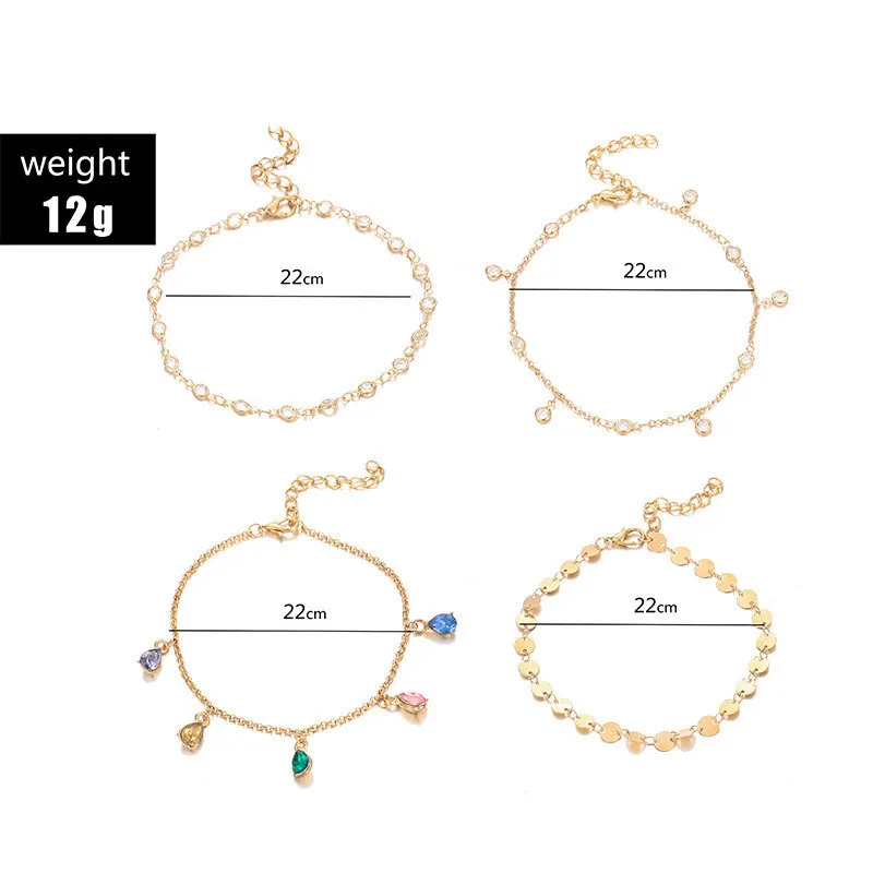4 шт./компл. Boho золото, украшенные разноцветными кристаллами вафли Многослойные браслеты для Для женщин цепи Регулируемый набор ножных браслетов ног Ювелирные изделия Аксессуары