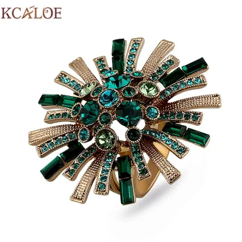 

KCALOE Large Flowers Engagement Ring Luxury Green Austrian Crystal Cubic Zirconia Brand Jewelry Big Titanium Rings For Women
