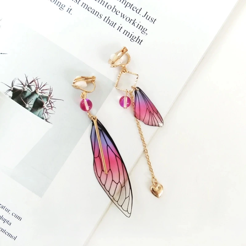 Модные Асимметричные Висячие серьги Красивая сказочная бабочка серьги с крыльями Оригинальное ювелирное изделие без ушей