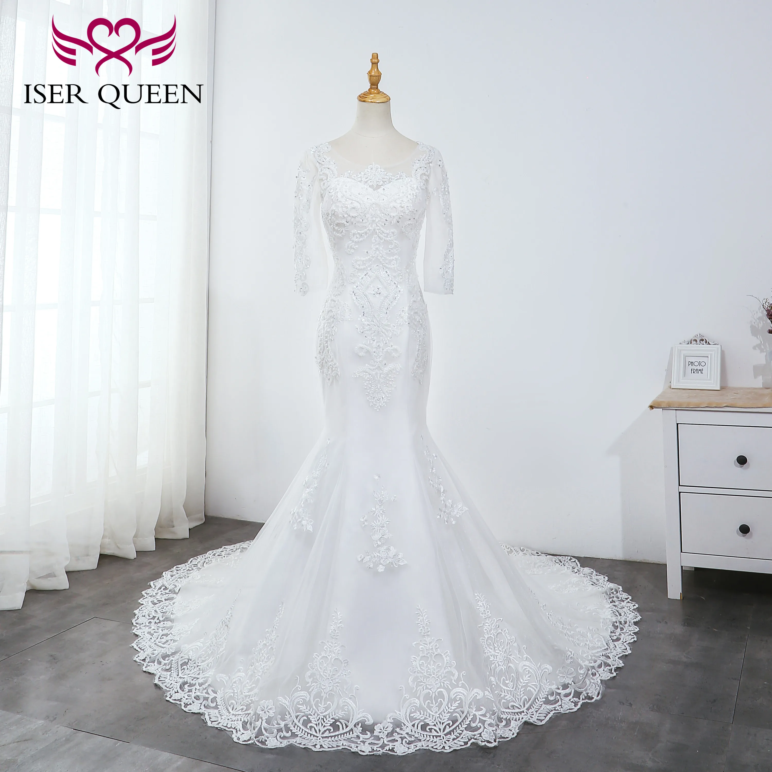 

Tulle Three Quarter Sleeves Sequined Beading Embroidered Lace on Net Mermaid Wedding Dresses Lace up Elegant Pure White WX0039