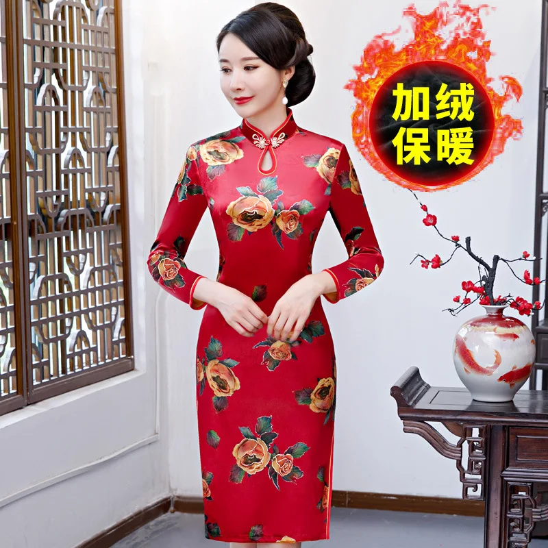 

Chinese-style Velvet Extra Large Cheongsam Mid-length Women's Improved Plus-sized plus Velvet Autumn & Winter Retro Long-sleeved