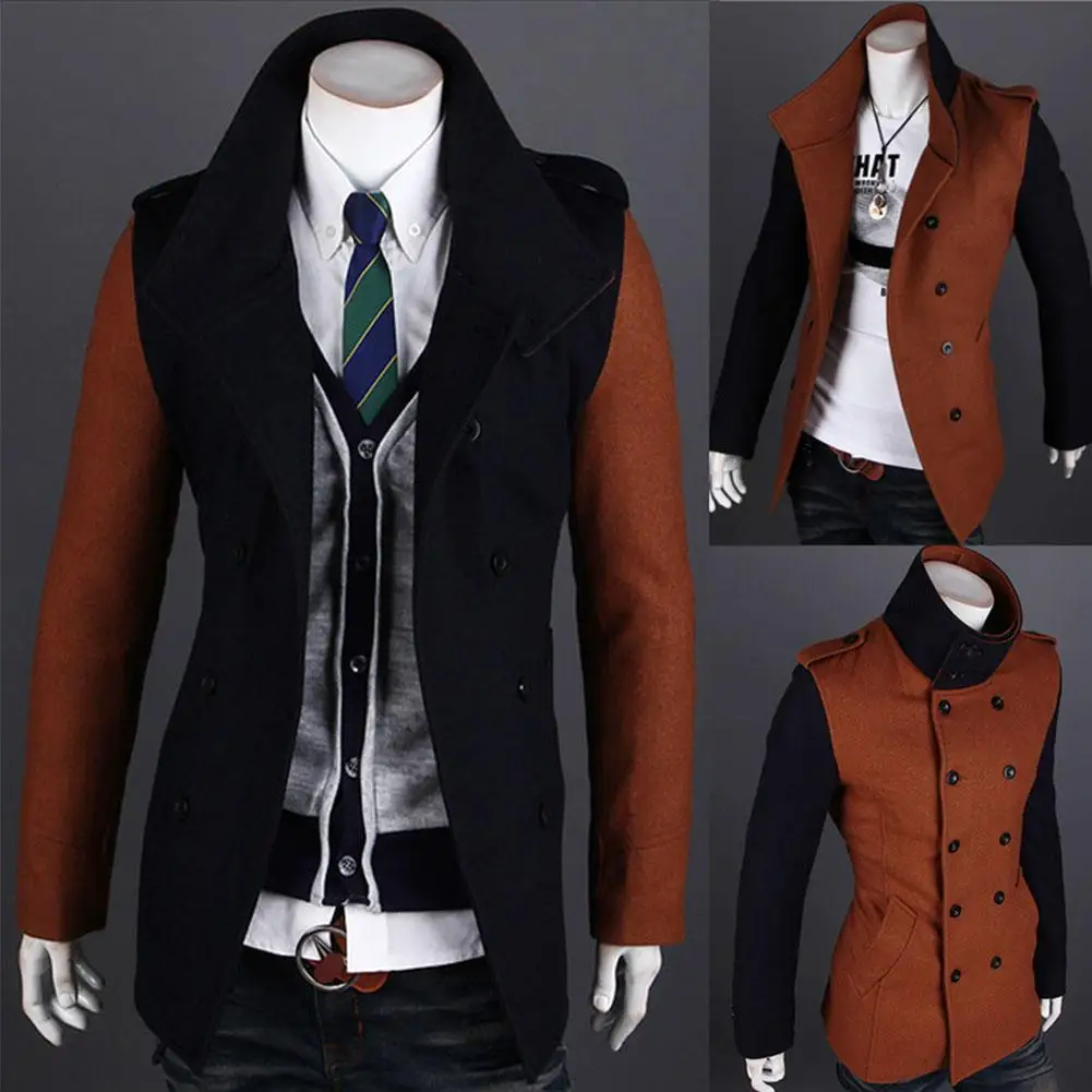 Studyset Men Double-breasted Coat Fashion Contrast Color Middle Long Lapel Windbreaker Overcoat contrast color breathable