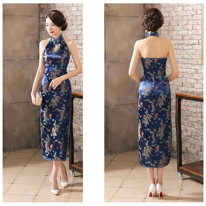 Длинные Cheongsam Дракон сексуальный костюм Холтер платье женские платья китайский национальный Qipao Vestido