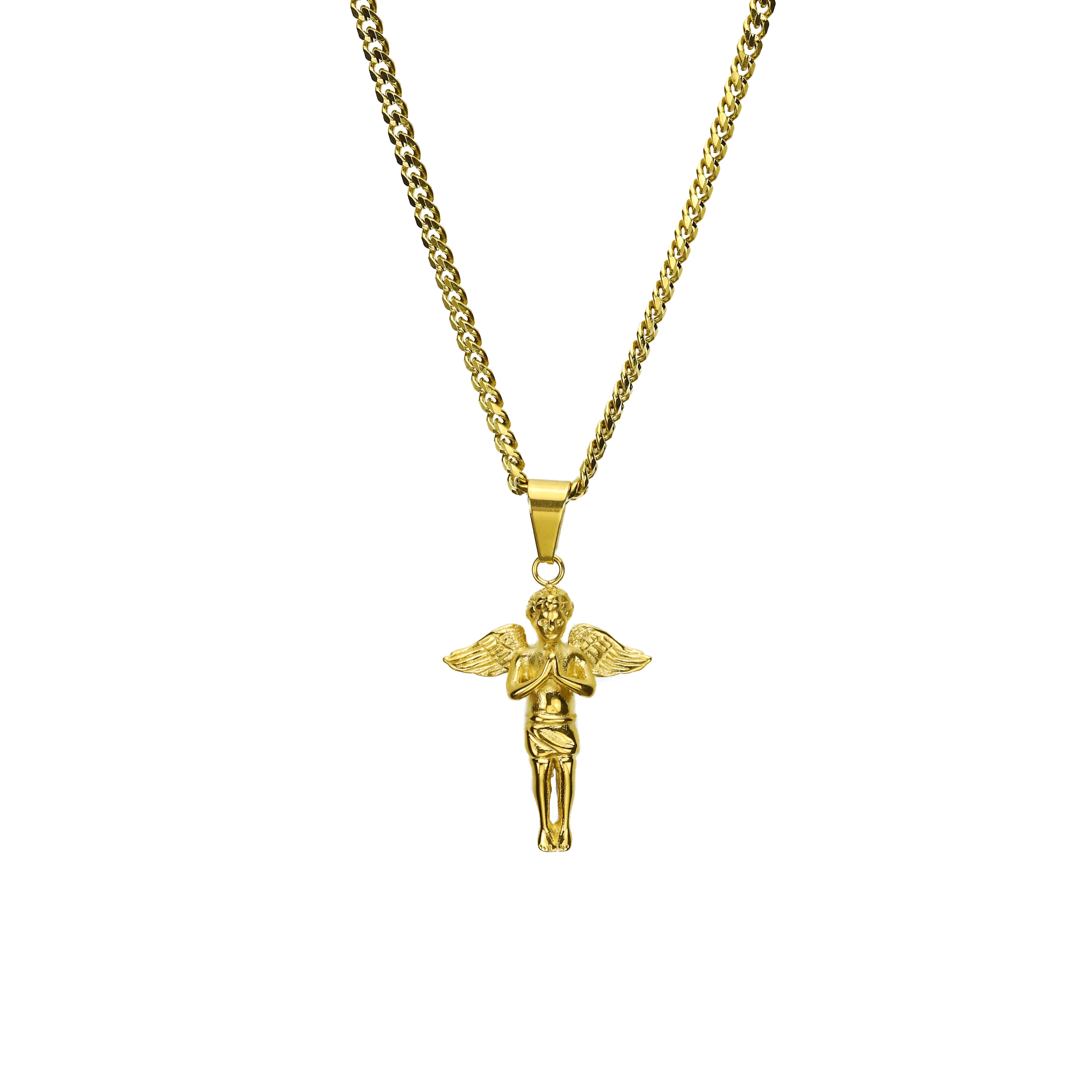 

Luxury High Quality Stainless Steel Wings Angel Necklace 3mm Cuba Chain Jesus Pendant Men Necklaces & Pendants For Women Jewelry