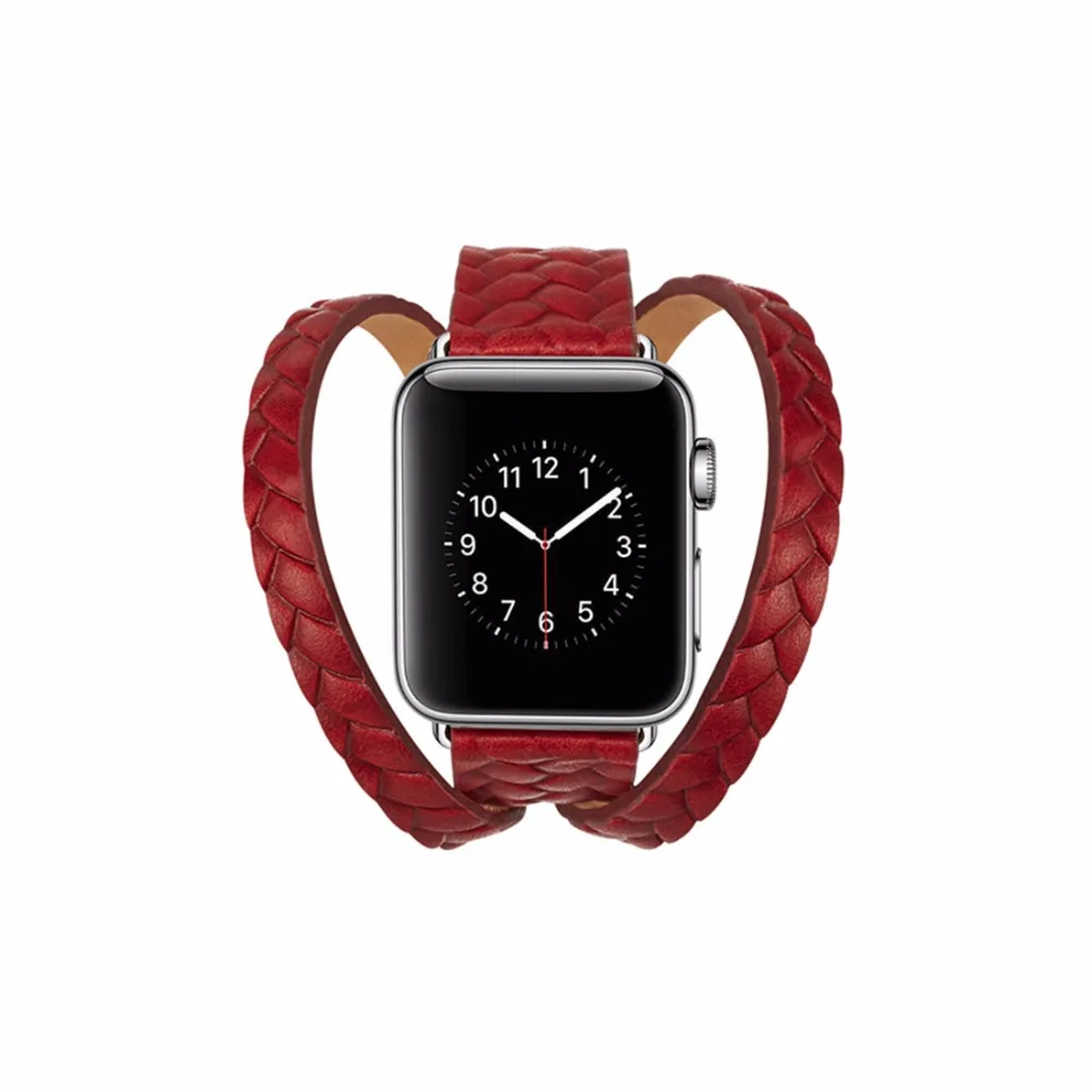 Плетеный ремешок из натуральной кожи для apple watch 4, 5, ремешок 42 мм/38 мм, iWatch Series 5, 4, 3, браслет, двойной ремешок+ металлическая пряжка