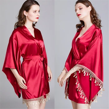 

Bridal nightgown ladies sexy wedding gown cardigan gown evening gown party tassel cuffs wine red kimono robe bridesmaid robes